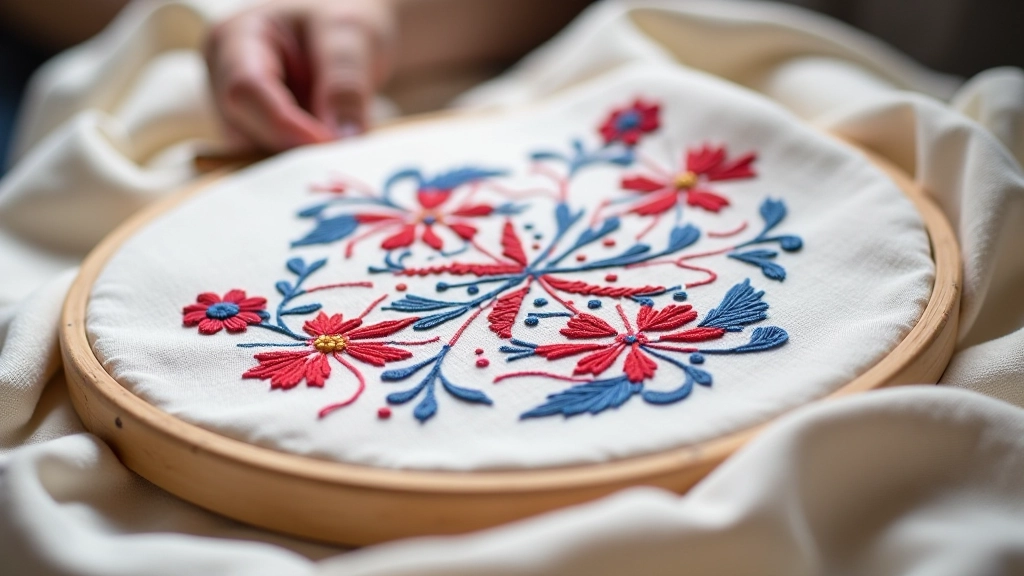 Close-up of Portuguese embroidery stitches showing traditional needlework patterns in colorful thread on natural linen
