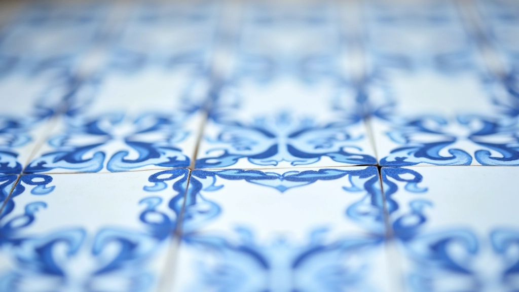 Close-up of traditional Portuguese azulejo tiles featuring intricate blue and white geometric patterns stacked together