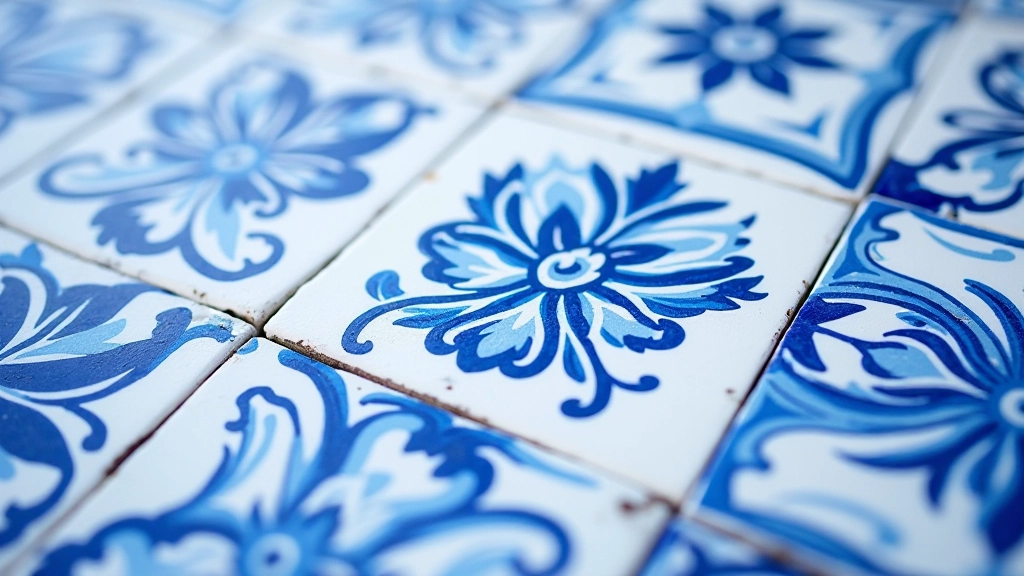 Close-up of traditional Portuguese azulejo tiles with intricate blue and white patterns arranged in geometric designs