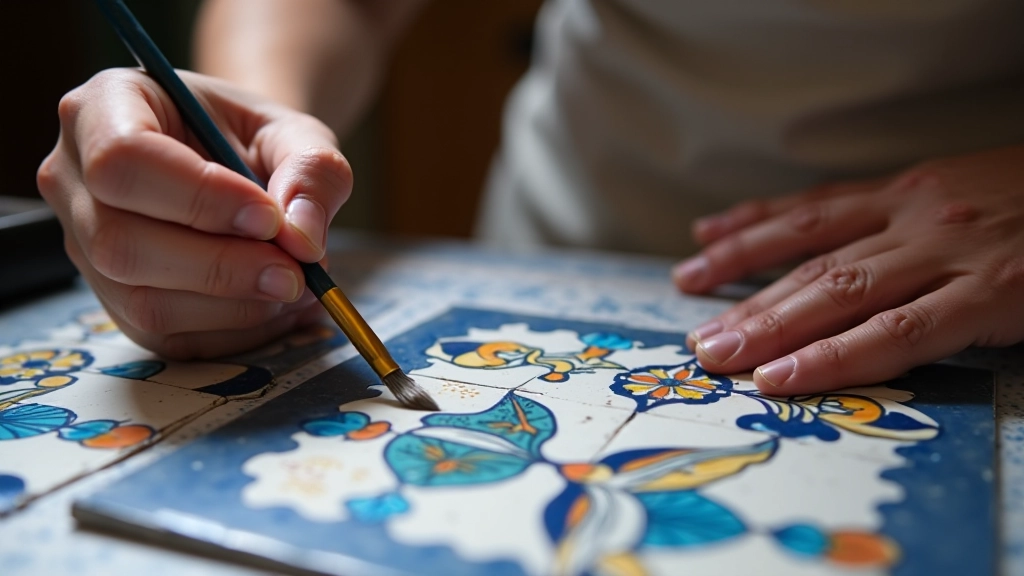 Detailed demonstration of azulejo brush technique showing hand position and brush angle for painting traditional patterns