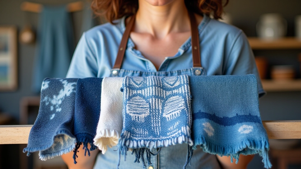Multiple fabric swatches showing different indigo dye depths and patterns created through tie-dye and batik techniques, displayed on wooden frame with natural window light