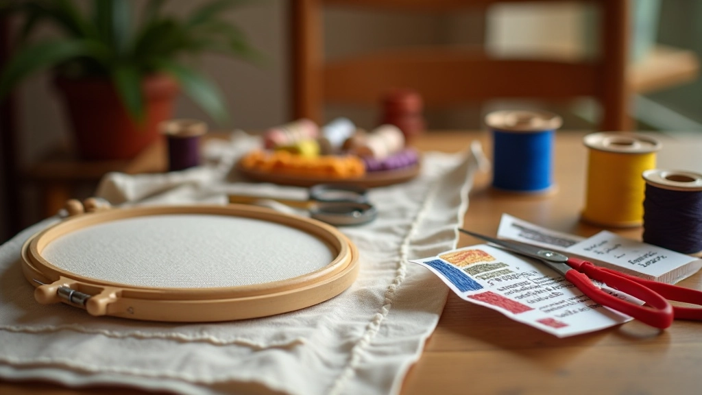 Embroidery supplies arranged on wooden table including needles, thread spools in traditional colors, linen fabric, and small embroidery hoop