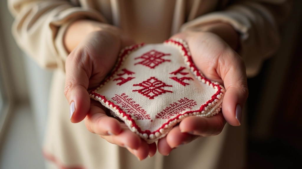 Artisan hands holding embroidered textile with traditional Portuguese patterns, natural linen fabric with red and white threads, daylight from window