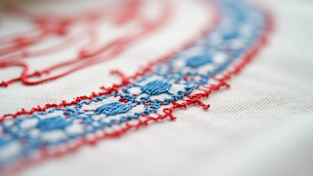 Close-up detail of embroidered cross-stitch pattern showing red and blue threads on cream linen with multiple rows of perfect stitches