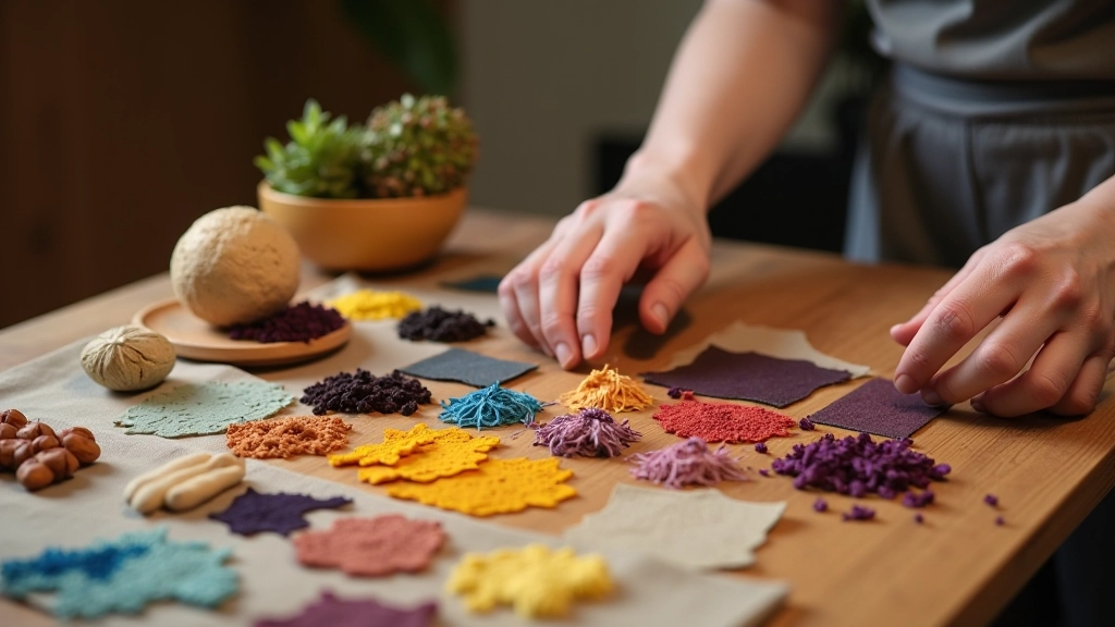 Array of natural dye materials including dried madder root chunks, indigo powder, dried weld flowers, and walnut husks arranged on wooden table with white cloth swatches showing resulting colors