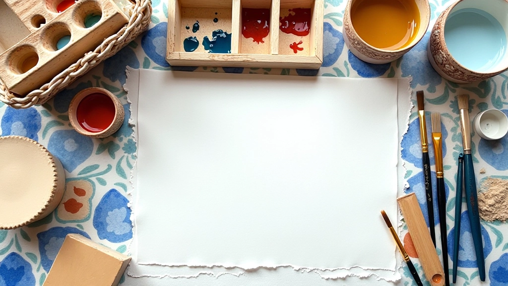 Overhead view of organized azulejo painting supplies including brushes, ceramic paint containers, glazes, and blank tiles arranged on work table