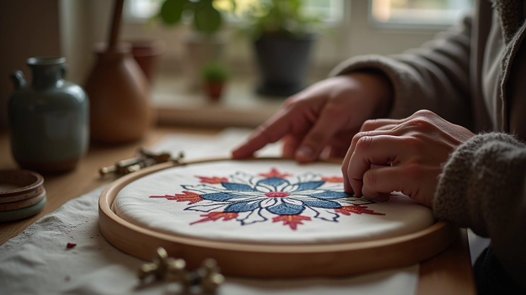 Student hands working on embroidery hoop with traditional Portuguese pattern, concentration and focus, natural workshop lighting
