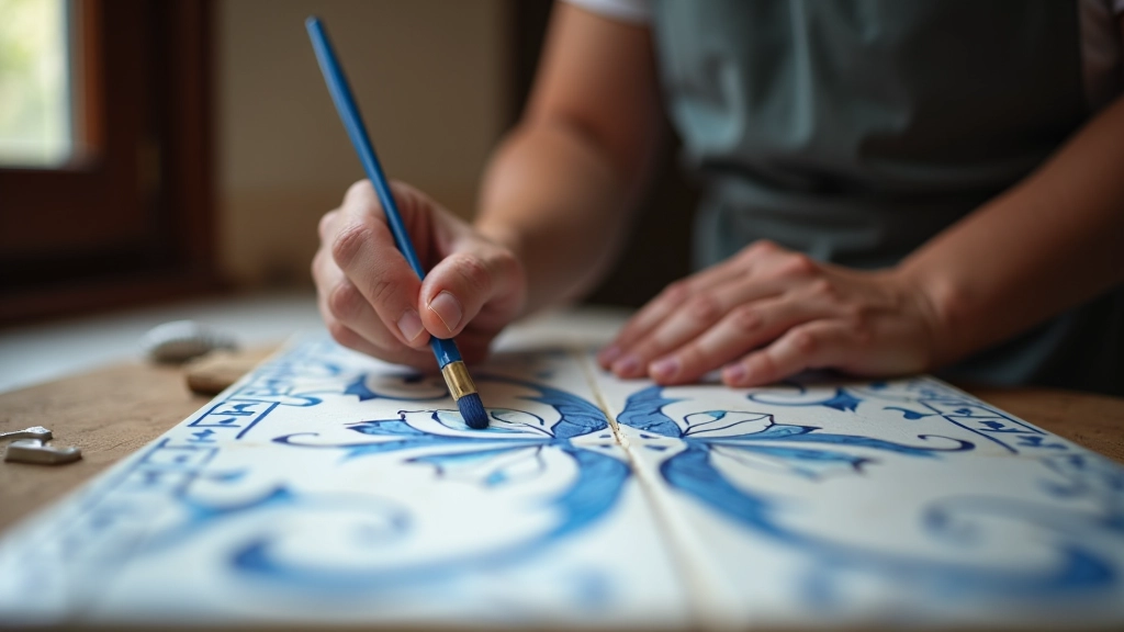 Artisan hands painting traditional Portuguese blue azulejo tile with fine brush detail work