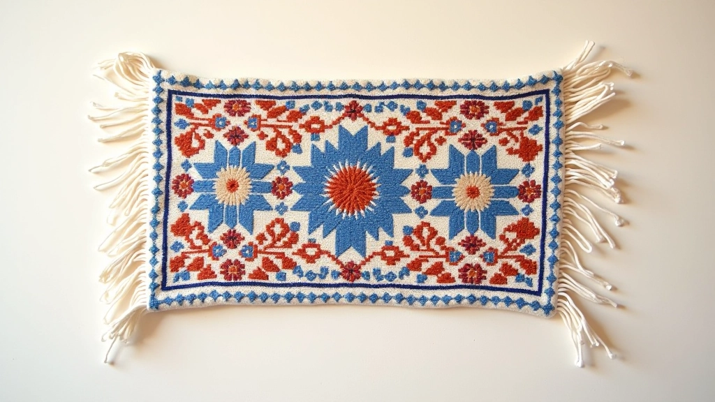 Finished woven textile displayed showing completed table runner with traditional Portuguese pattern and colors