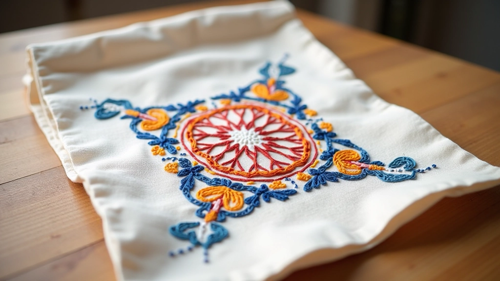 Finished embroidered textile displayed on linen, traditional Portuguese pattern in red blue and yellow thread, professional presentation
