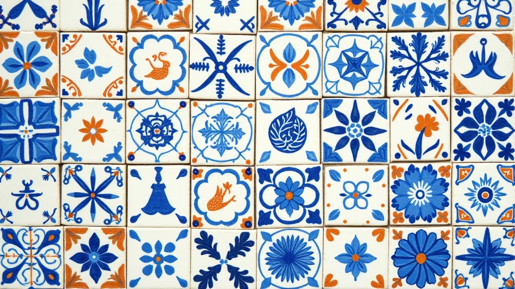 Series of progression tiles showing beginner to intermediate azulejo painting skill development across multiple practice pieces