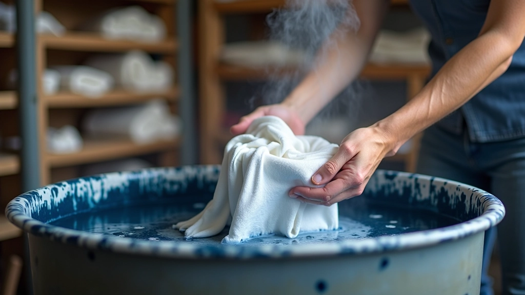 Hands submerging natural fiber fabric into deep indigo dye bath with steam rising in traditional Portuguese dyer's workshop