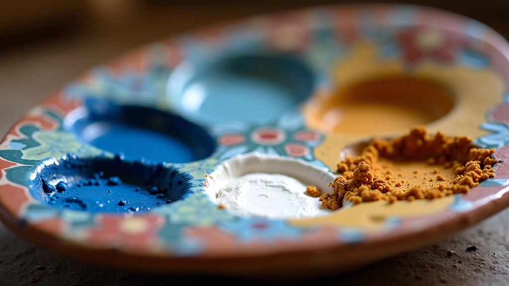 Color palette display showing traditional Portuguese azulejo paint colors arranged on ceramic mixing surface
