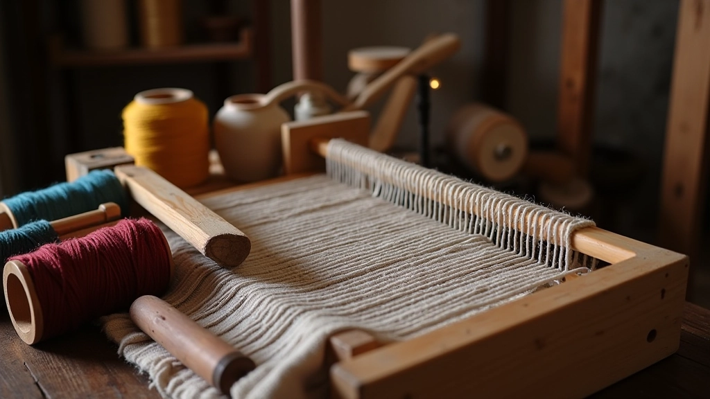 Traditional wooden weaving loom setup with all essential tools arranged including shuttle, reed, heddles, and spools of thread