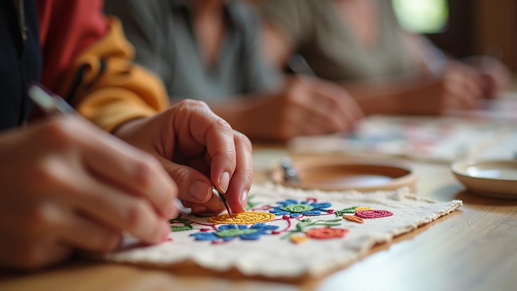 Mature learners focused on embroidery needlework at lockkey Lda, demonstrating precision hand-stitching techniques in Portuguese traditional style