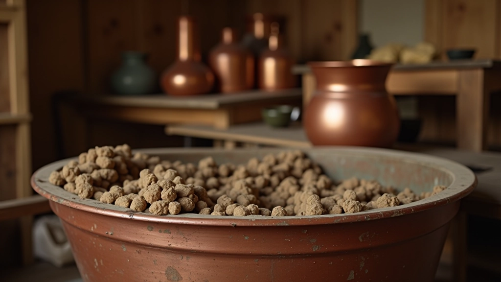 Portuguese artisan workshop showing multiple copper dye pots simmering over heat source, organized storage of dried dye materials in glass jars and baskets, wooden work tables